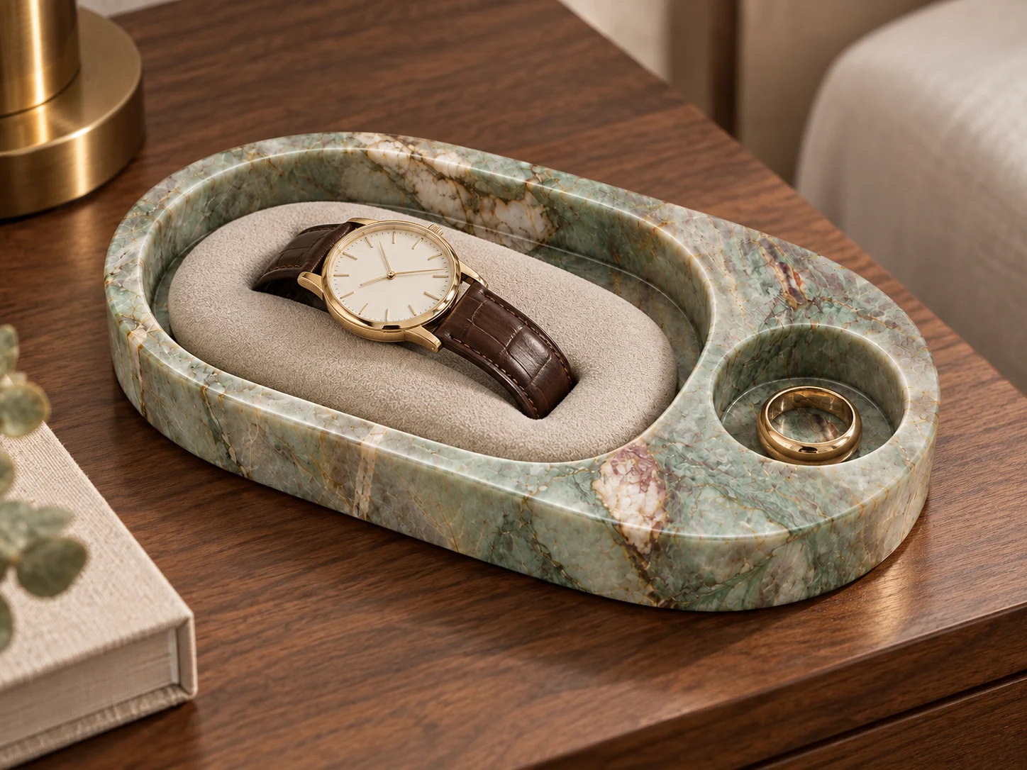 Compact stone watch and ring valet styling reference